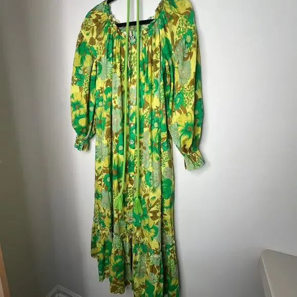 Alemais Wrenly Green Floral Organic Cotton Midi Dress Size 4